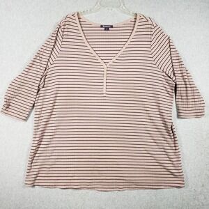 ROAMANS Plus Size 2X Pink Striped Long Sleeve Henley Tunic Top Cabincore